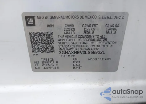 2020 Chevrolet Equinox Fwd Ls z USA, uszkodzony, nr VIN 3GNAXHEV3LS569321